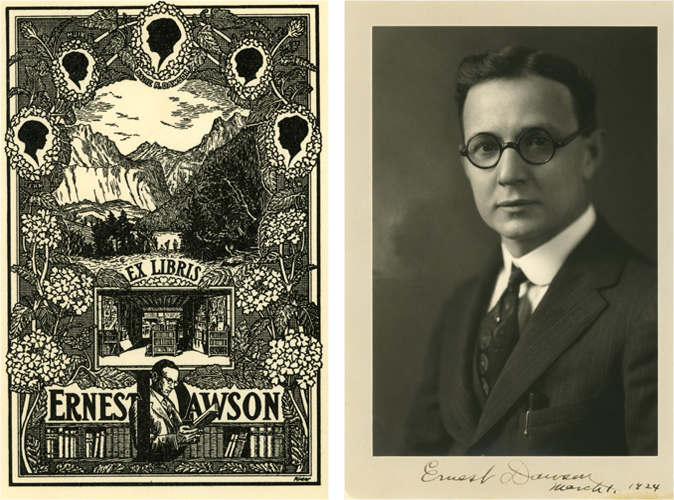 Ernest DawsonLeft: Ernest Dawson book plate showing his children, circa 1924. Right: Portrait of Ernest Dawson, 1924.